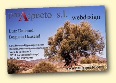 First business card of ProAspecto with an andalusian lolive tree below the blue sky.